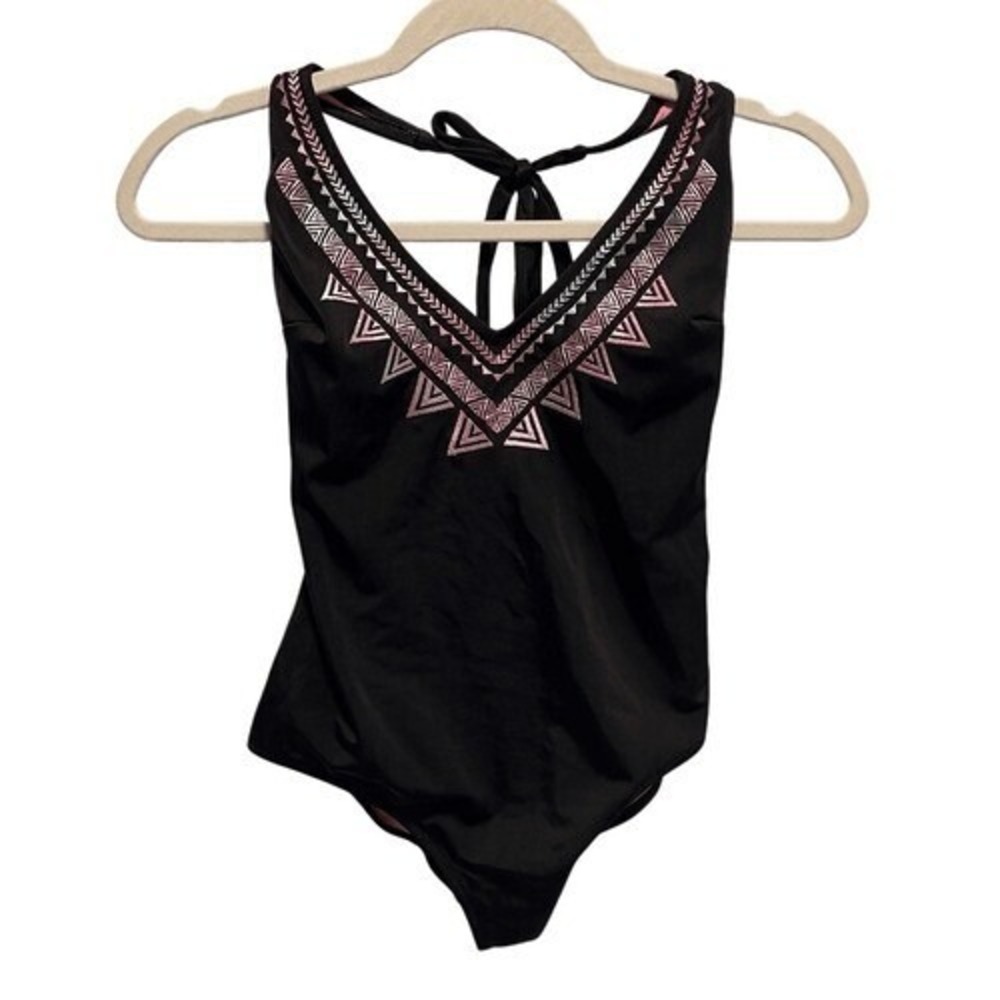 PINK Victoria's Secret Black Embroidered Halter One-Piece‎ Swimsuit S